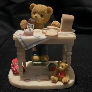 Cherished Teddies Red and Blue Sculpture with Teddy Bear and Miniature Table